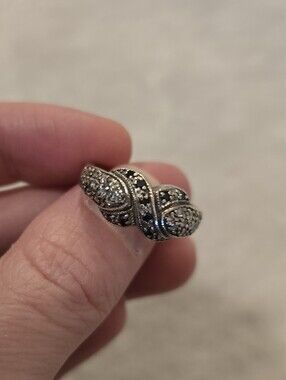 Sterling Silver Ring with Black and White Diamonds Size 7.5-8